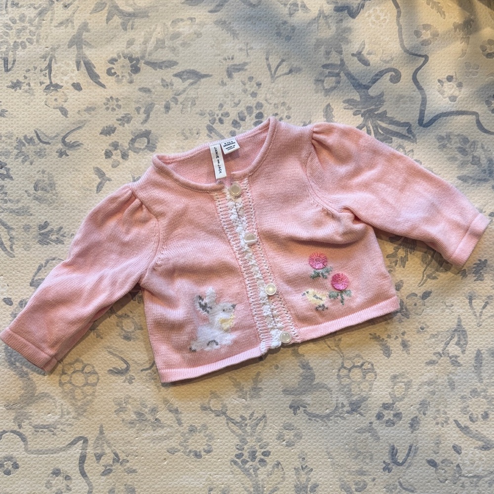 Janie and Jack Pink Floral & Bunny Knit Cardigan